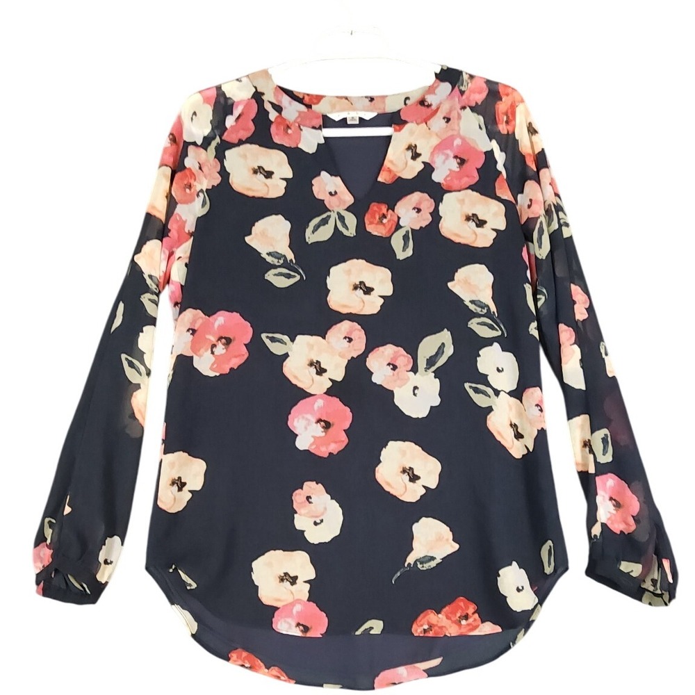 Cabi Floral Print Long Sleeve‎ Blouse Sheer Black Pink Peach Womens Small
